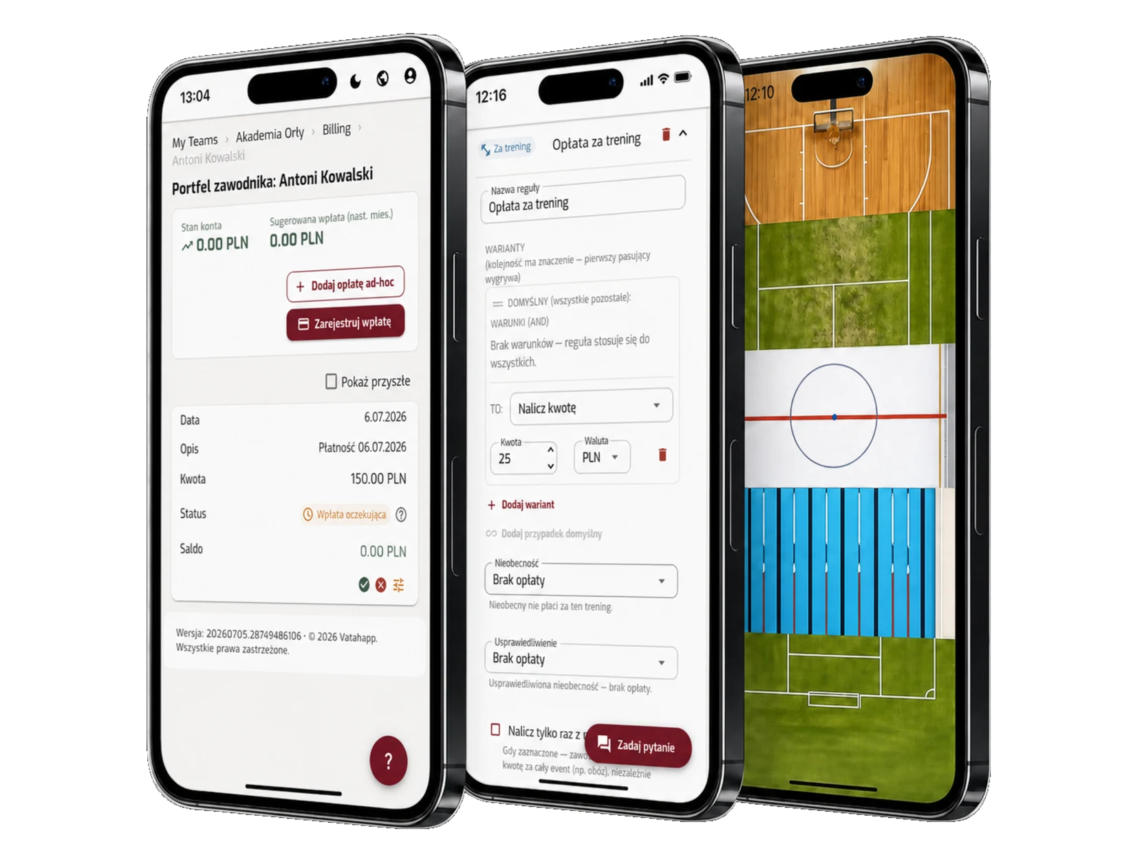 Vataha na telefonie — ekran aplikacji do zarządzania klubem sportowym